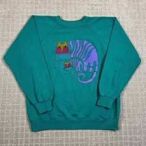 Vintage 80s Laurel Burch Colorful Cat Size Large Teal Art Sweatshirt